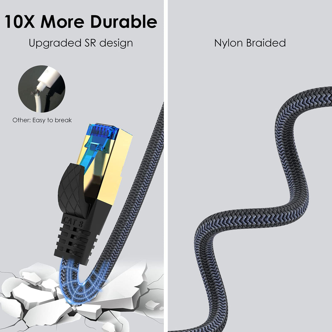 Cat 8 Ethernet Cable 6ft, Nylon Braided Cat 8 Flat Ethernet Cable, S/FTP 28AWG, 40Gbps &amp; 2000MHz Indoor Outdoor for PS5, Xbox, Router, Gaming, PC