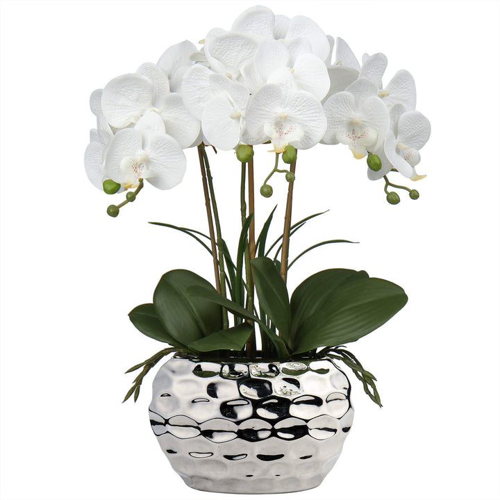 Orchids Artificial Flowers 18 White Phalaenopsis Large Orchid with Silver Ceramic Pots Silk Faux Orchid Arrangement for Home Office Bathroom Living Room Table Decoration