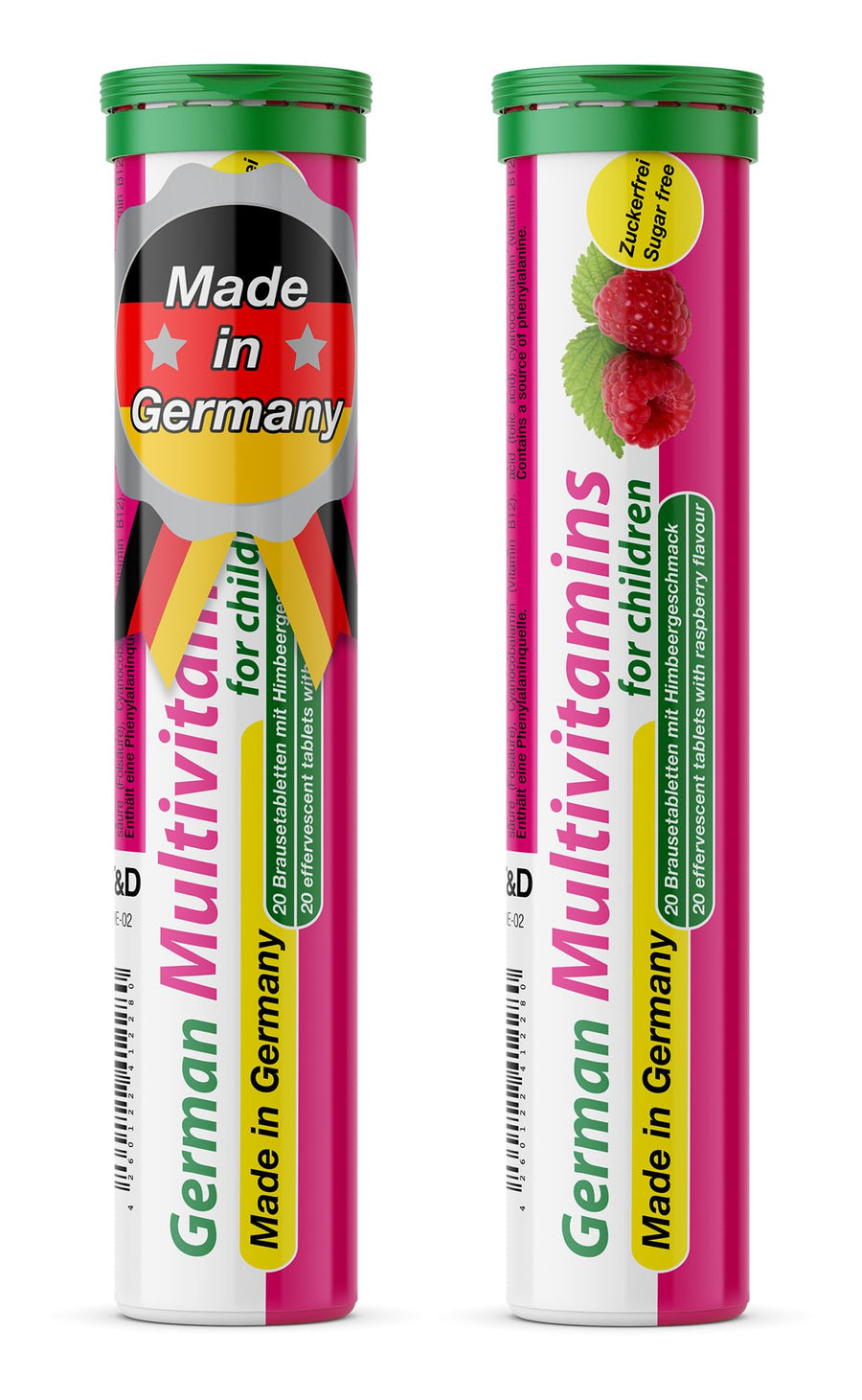 German Multvitamin for Children 8 Vitamins - 40 Vegan Drink Effervescent Tablets - Raspberry Flavor - Made in Germany