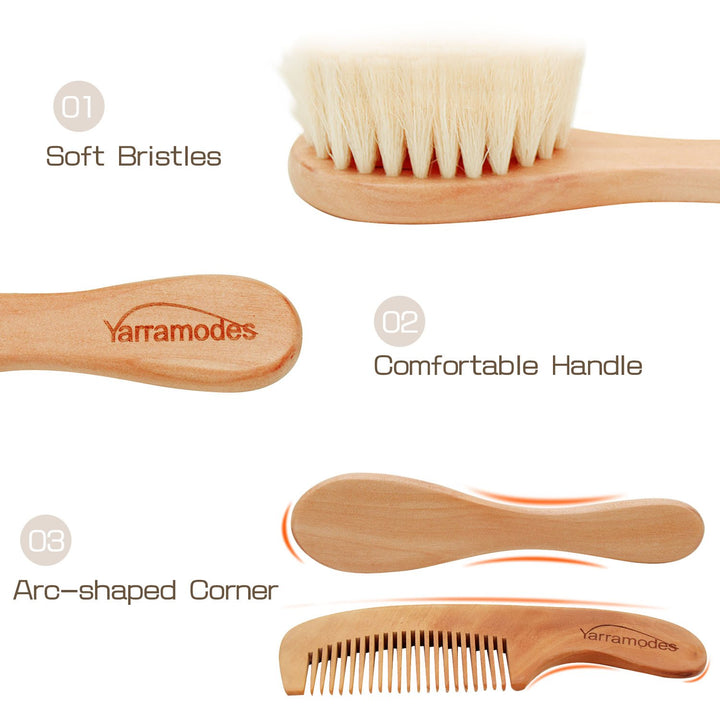 Baby Goat Hair Brush and Comb Set for Newborns &amp; Toddlers Eco-Friendly Safe Brush Natural Wooden Comb Soft Bristles for Cradle Cap Perfect Baby Shower and Registry Gift