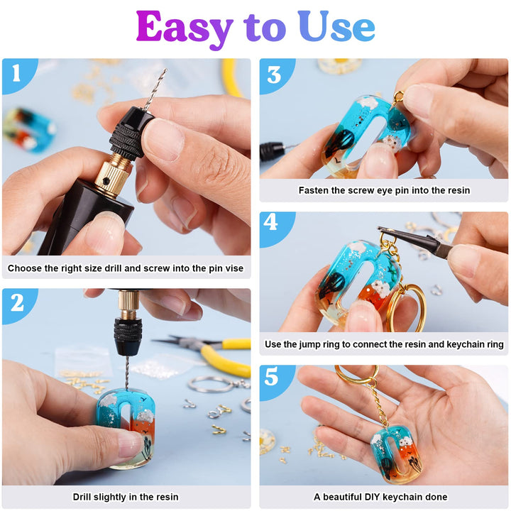 LET&#39;S RESIN Electric Resin Drill, 74Pcs Hand Drill Supplies with 3-Jaw Clamp-Applicable to A Larger Drilling Range (0-3mm), Grip Nose Pliers, Keychain Making Kit, Tools for Resin Art