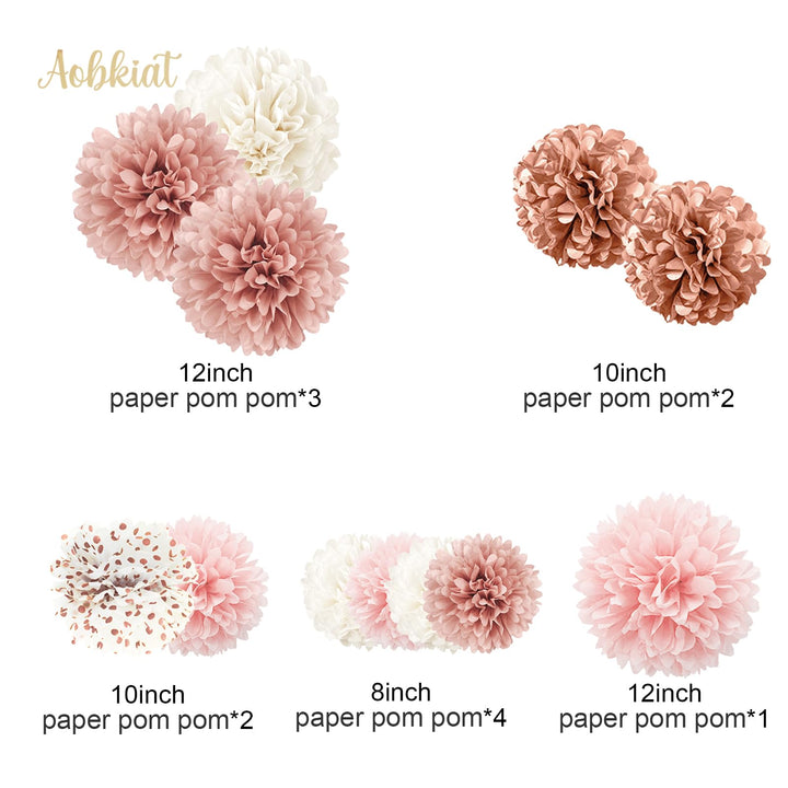 AOBKIAT Wedding Decorations Tissue Paper Pom Poms - 12 PCS Rose Gold Pink White Paper Flower Pom Pom Kit Decorations for Wedding Birthday Baby Shower Bachelorette Bridal Shower Party Supplies