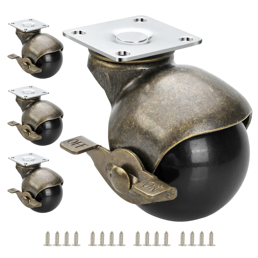 JGJC Casters Set of 4, Antique Brass Casters with Brake, 2 Inch Ball Castor Wheels for Furniture Casters Vintage Wheels Heavy Duty, Table Caster with 360 Degree Swivel Top Plate