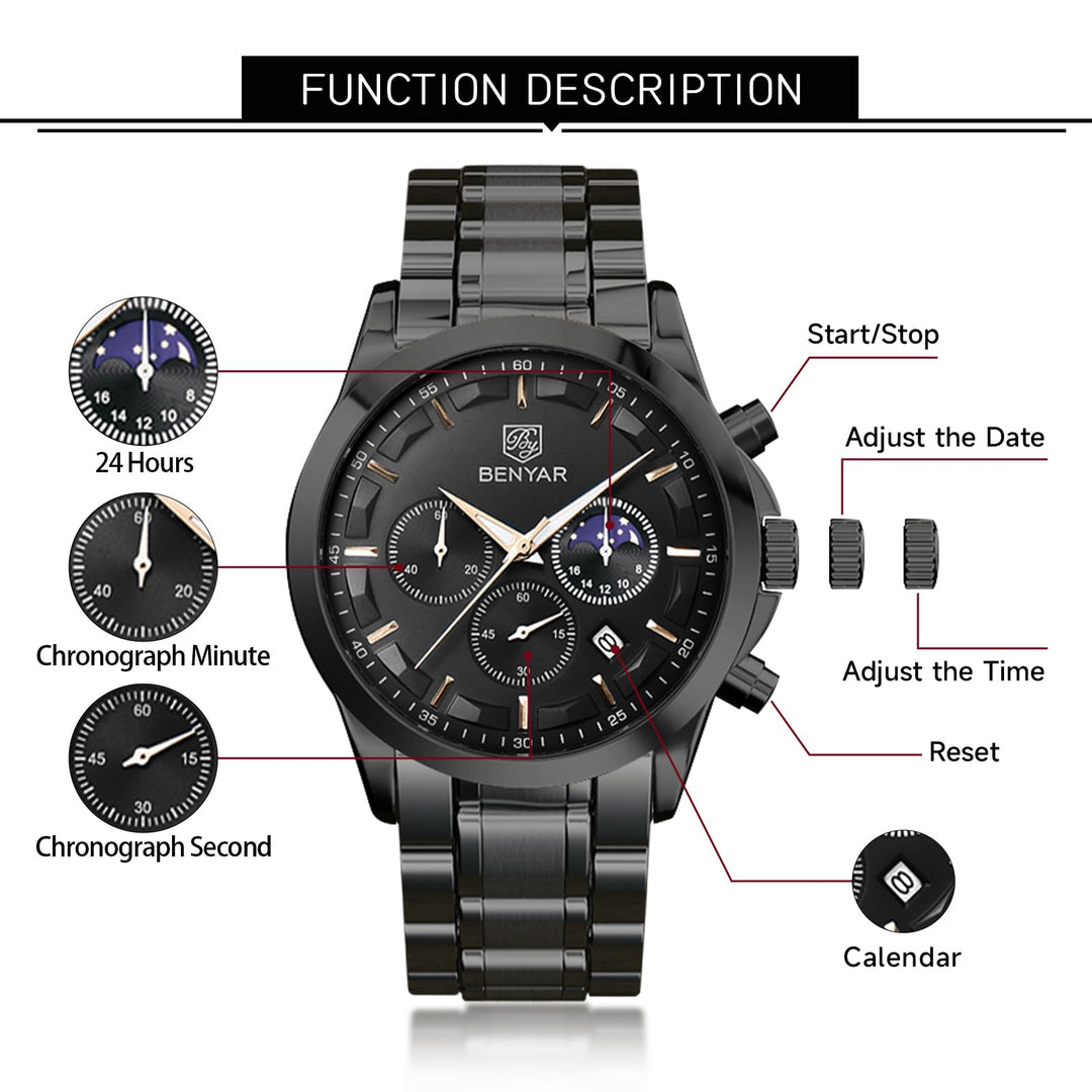 Men&#39;s Watches Analog Quartz Chronograph Waterproof Stainless Steel Wrist Watches for Men Business Work Casual Sport Black Mens Dress Watch Unique Elegant Gifts for Men