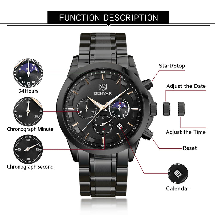 Men&#39;s Watches Analog Quartz Chronograph Waterproof Stainless Steel Wrist Watches for Men Business Work Casual Sport Black Mens Dress Watch Unique Elegant Gifts for Men