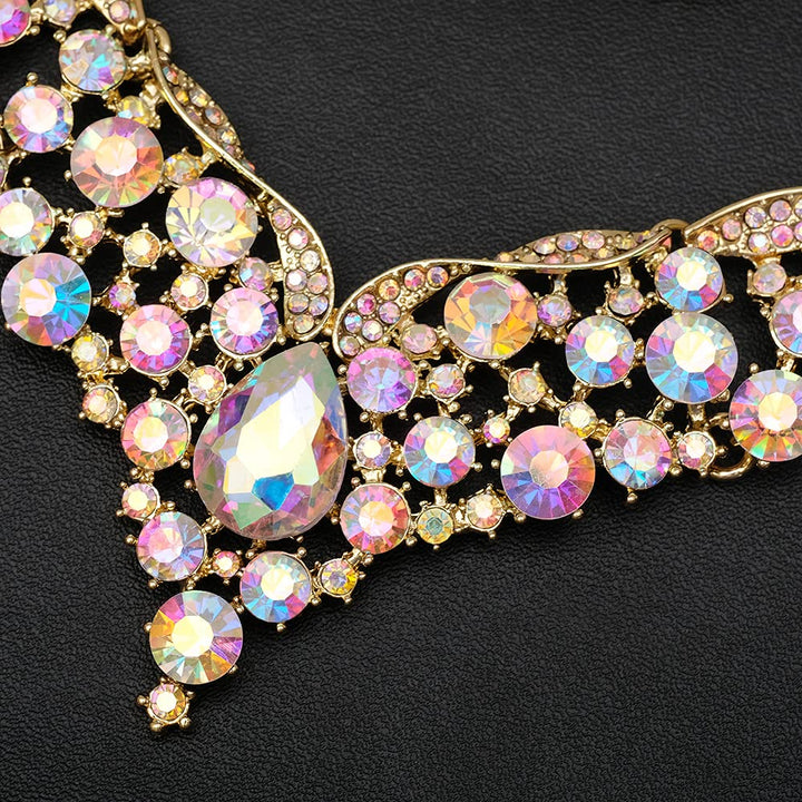 Elegant Austrian Crystal V-Shaped Statement Necklace Earrings Set Bridal Wedding Prom Costume Jewelry For Bride Bridesmaid (AB crystal)