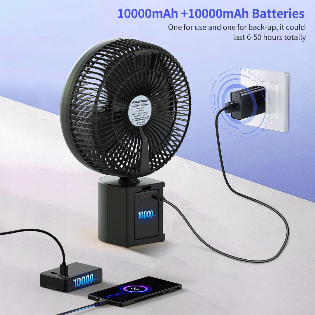 10 Portable Pedestal Fan, 10000mAh Rechargeable Table Fan with 7 Speeds, Oscillating Standing Fan with Timer for Bedroom, Office, Camping