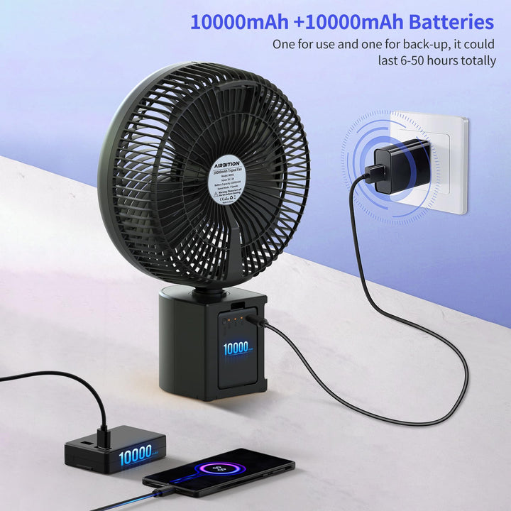 10 Portable Pedestal Fan, 10000mAh Rechargeable Table Fan with 7 Speeds, Oscillating Standing Fan with Timer for Bedroom, Office, Camping