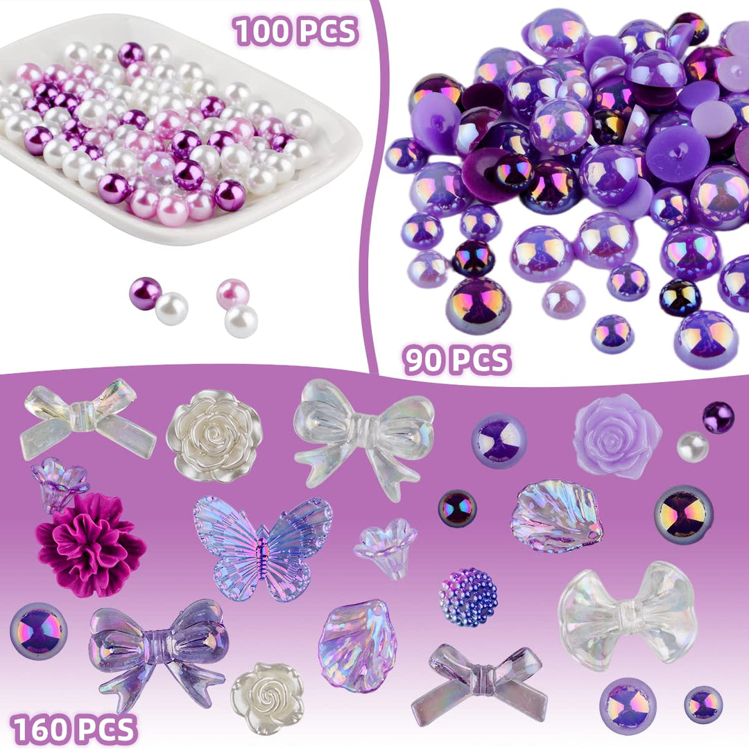 Kikonoke 350 Pieces 3D Resin ABS Colorful Rose Flower Bows Butterfly Charms with Flatback Half Round Pearl Beads for Bracelet Earring Necklace Craft DIY Making Supplies (Purple)