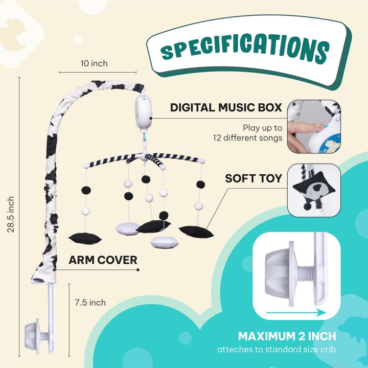 EVERLOVE Montessori Mobile Baby for Crib (TINITIGIES) - Digital Music Box with 12 lullabies &amp; 3 Modes (Rotating only, Music only, Rotating with Music) - Black and White Baby Mobile for Boys &amp; Girls