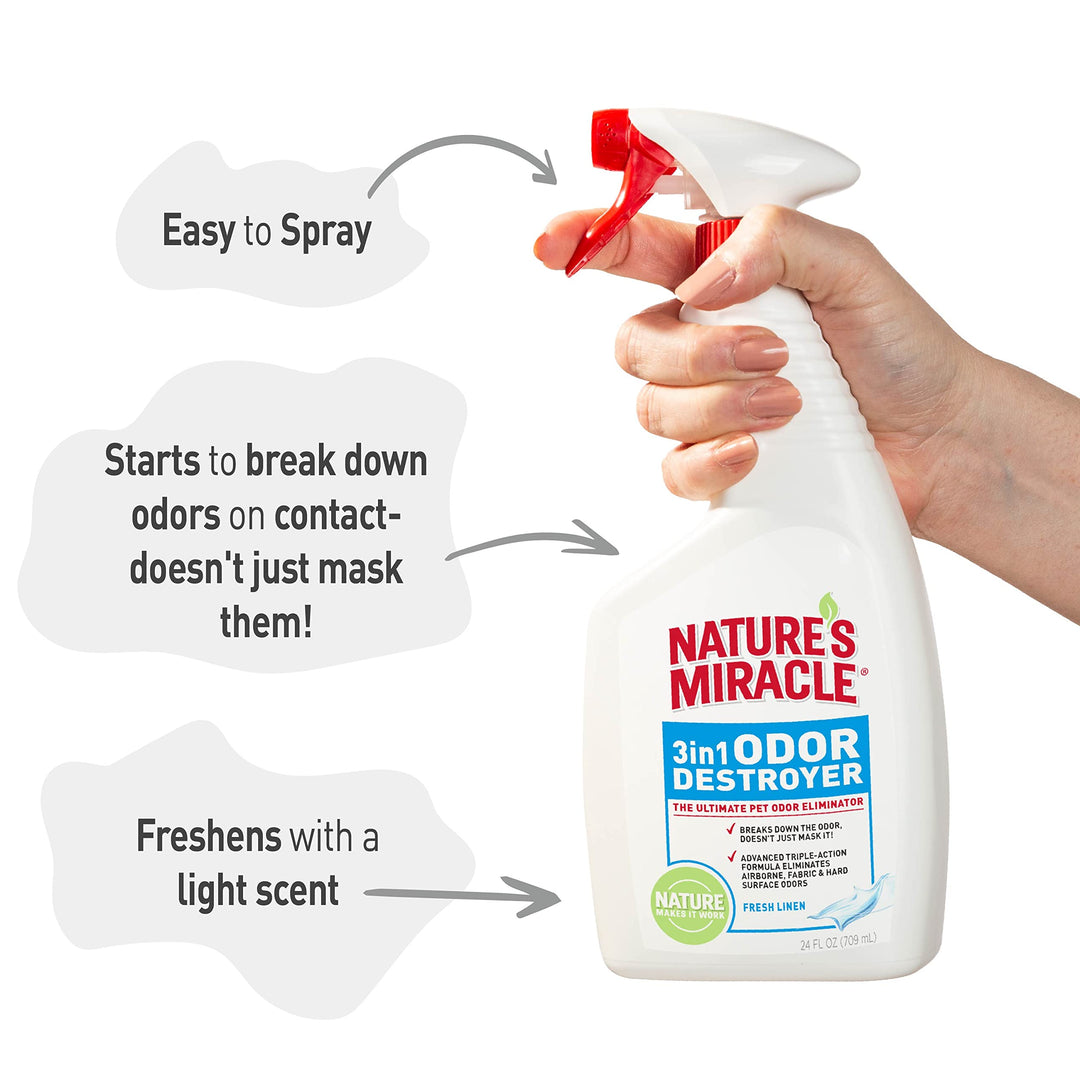 Nature&#39;s Miracle Pet Odor Eliminator, 3-In-1 Odor Destroyer, Airborne, Fabric and Hard Surface Floors, 24 oz Fresh Linen Scent