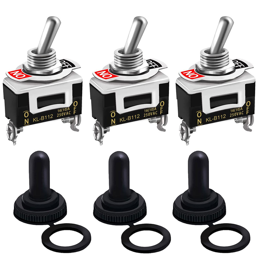 /3Pcs Heavy Duty Rocker One-Side Momentary Toggle Switch 16A 250V AC SPST 2 Position 2 Pin (ON)-Off Switch with Metal Bat Waterproof Boot Cap Cover KL-B112MZ