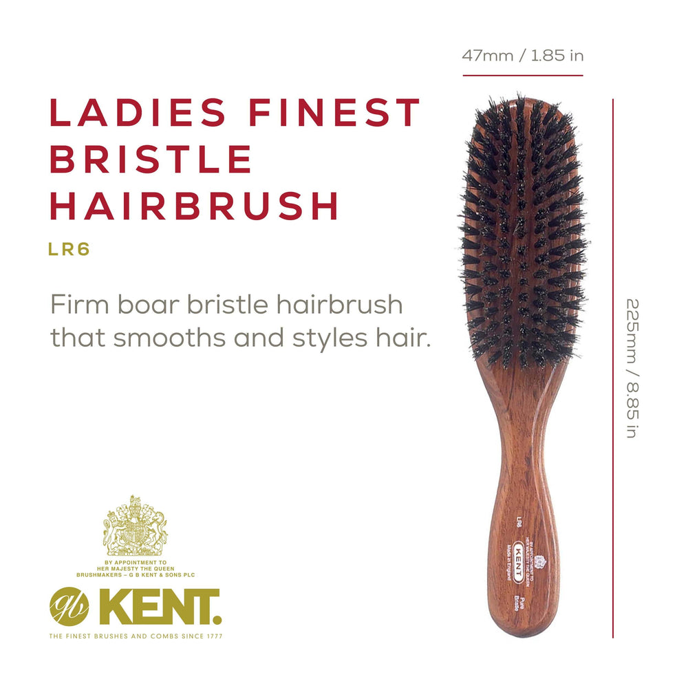Kent LR6 Finest Dark Wood Styling Hair Brushes for Women - Natural Black Boar Bristle Hairbrush for Medium to Thick Hair of All Lengths - Dry Brush for Styling, Straightening, and Stimulating Oils