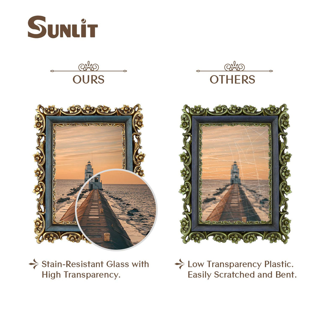 Vintage Picture Frame 5x7 Inch, Luxury Antique Photo Frames with Glass Front, Photo Display, Tabletop Wall Hanging, Gift Ideas, Gold and Blue