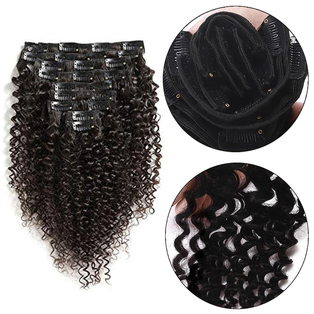 Afro Kinky Curly Hair Clip In Human Hair Extensions3A/ 3B /3C 100% Human Natural Black Color Hair Clip Ins Full Head Brazilian Virgin Remy Hair 8PC/Set 100G for Black Women (16INCH/40CM)