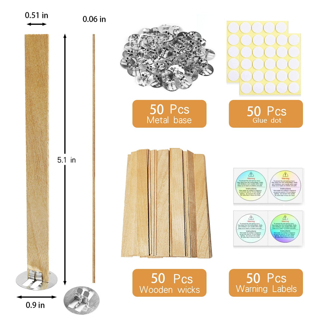 200 Pcs Thickned Wooden Candle Wicks. 5.1 X 0.5 X 0.06 Inch Upgrade Crackling Wooden Wicks, Long Lasting Smokeless Wood Wicks with Iron Standers, Wick Stickers, and Warning Labels- 50 Sets