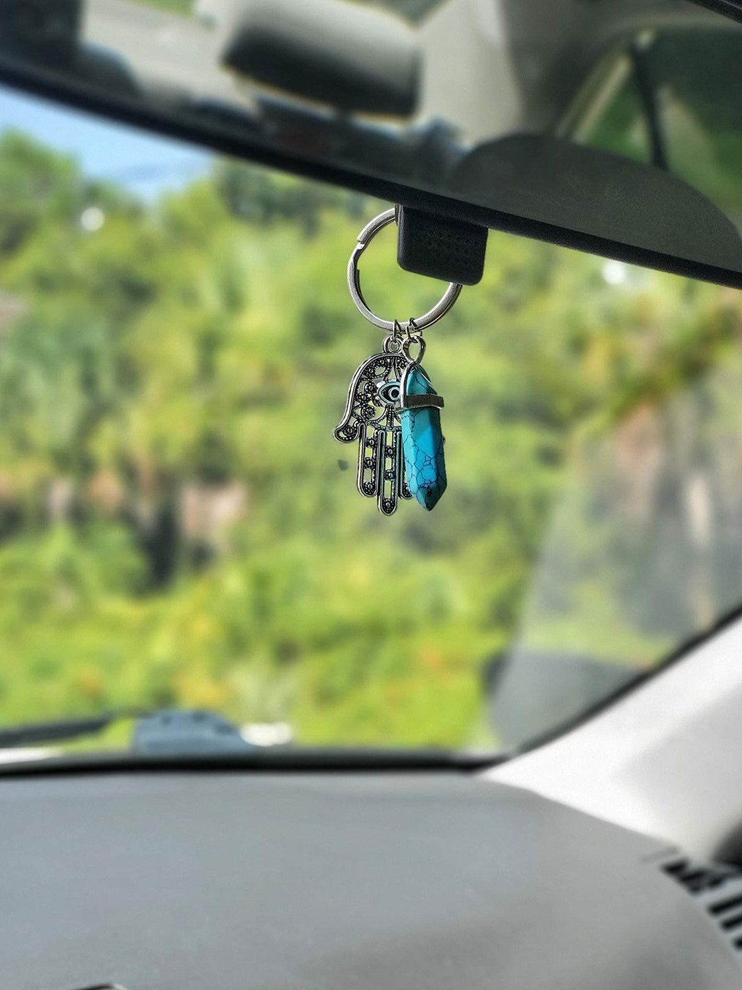 Hamsa Hand Evil Eye Keychain Charm Nazar Crystal Adorno Key Holder Bag Ring Backpack Purse Decoration Stuff Protection Self Aesthetic Accessories Amulet w/Gemstone (1.5” x 3”)