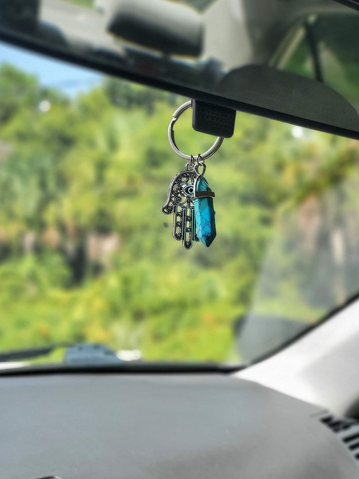 Hamsa Hand Evil Eye Keychain Charm Nazar Crystal Adorno Key Holder Bag Ring Backpack Purse Decoration Stuff Protection Self Aesthetic Accessories Amulet w/Gemstone (1.5” x 3”)
