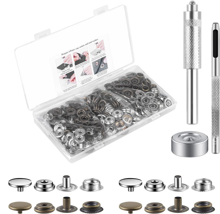 200 Pcs (50 Sets) Leather Snap Fastener Kit Tool 5/8 inches (15mm) Snaps for Leather Press Studs Stainless Snap Buttons for Bag, Jeans, Clothes, Fabric (Silver+Bronze)