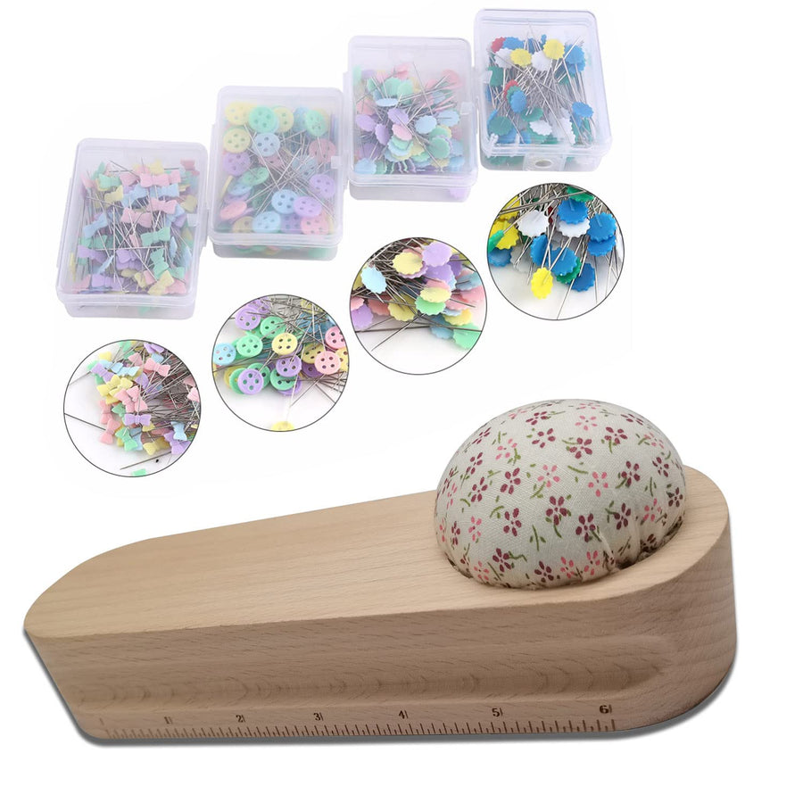 1pcs Hardwood Tailors Clapper with 400pcs Sewing Pins Patchwork Pins, Quilters Pressing and Seam Flattening Tool with Pin Cushion and Dual Unit Scale