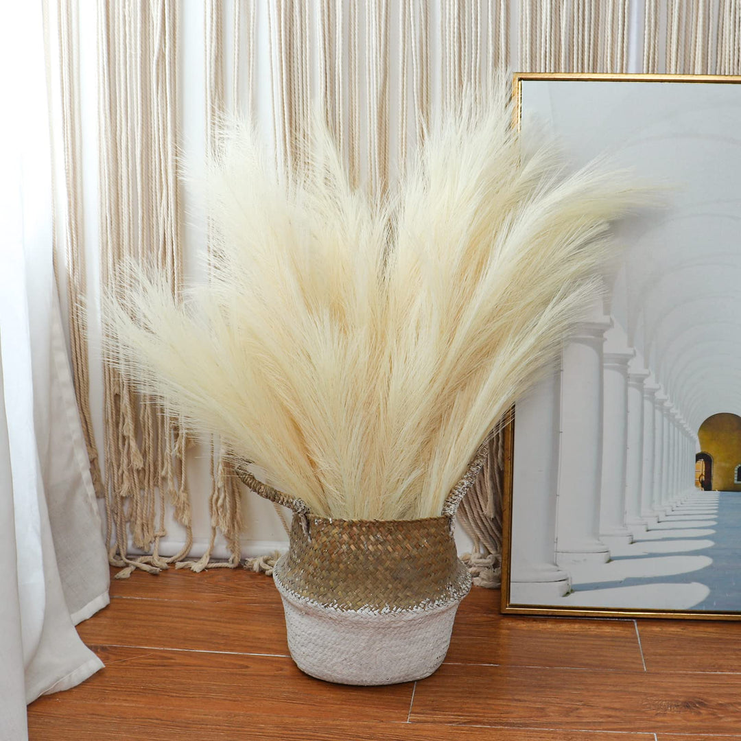 3 Pcs Faux Pampas Grass, 43 Tall Fluffy Non-Shedding Artificial Fake Flowers, Boho Vase Filler, Living Room Kitchen &amp; Wedding Fluffy Grass Decor (Beige)