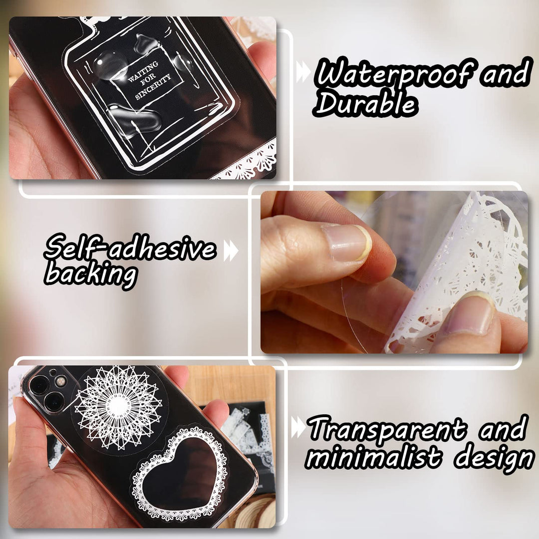 DREMISI 180Pcs Transparent Aesthetics Sticker Glassware Bottle Shape Stickers Lace Stickers PET Transparent Photo Frame Aesthetics Stickers for Scrapbook Journal Planner Diary Notebook Album, 6 Packs