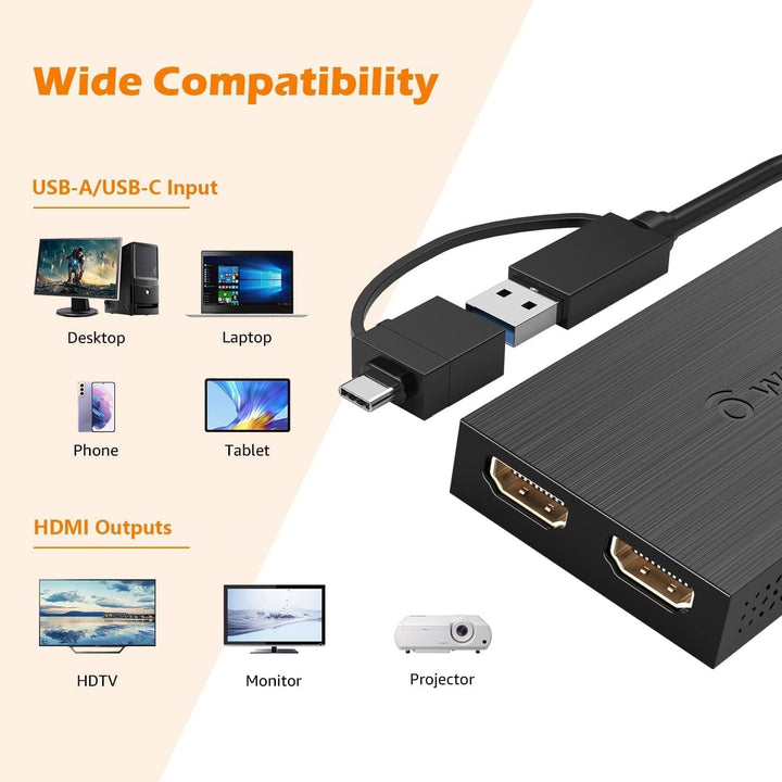 USB 3.0 or USB C to HDMI Adapter for Dual Monitors, Universal Video Graphics Adapter for Mac and Windows, Thunderbolt 3/4, USB 3.0 or USB-C, 1080p@60Hz