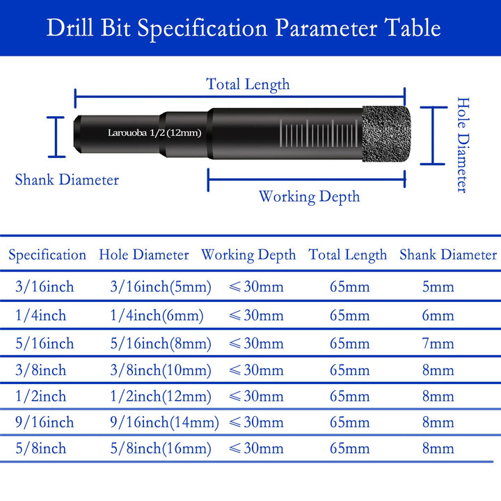 6PC Dry Diamond Drill Bits Set, Diamond Core Drill Bits for Tile Ceramic Granite Marble Porcelain Stone Glass Hard Materials (not for Wood) Round Shank 1/4, 5/16, 3/8, 1/2 inch.