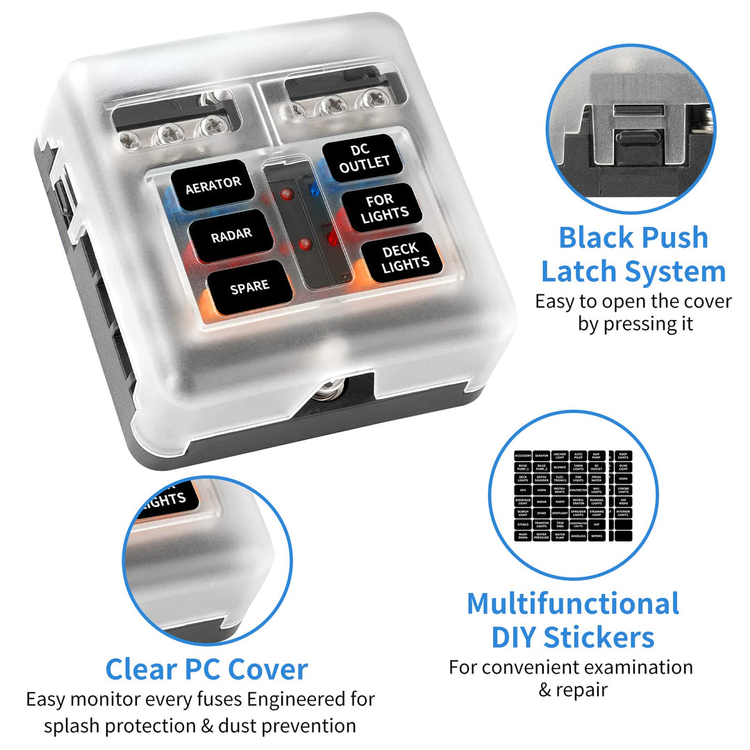 6 Way Fuse Block, 12V Fuse Box with LED Indicator Waterproof Cover 6 Circuits with Negative Bus Fuse Panel for DC 12V/24V Car Marine Boat RV Trailer Truck Van Vehicle