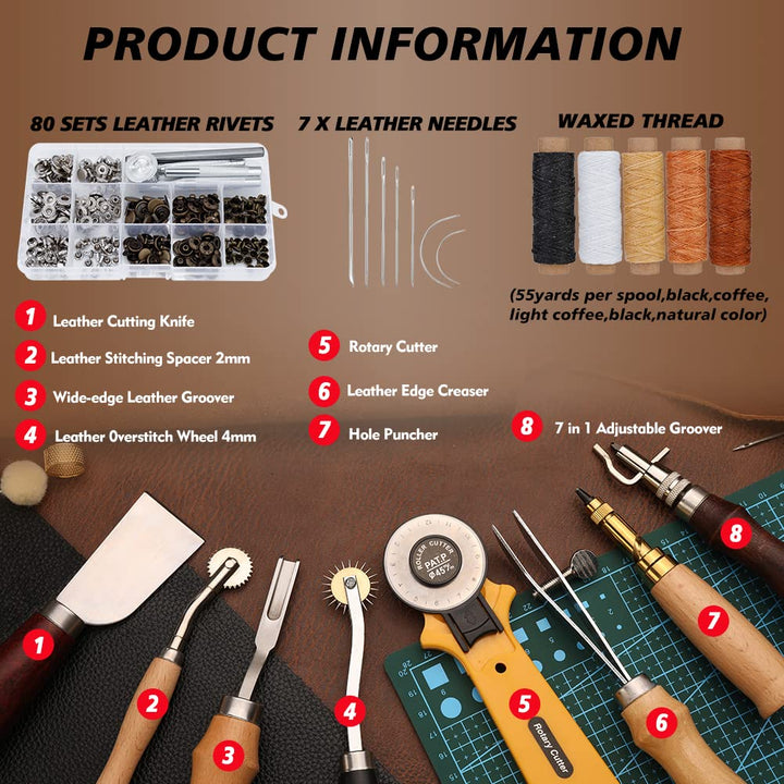 Leather Working Tools: Professional Leather Working Kit with Leather Snap Fasteners and Rivets Kit, Automatic Hole Punch, Waxed Thread Stitching Groover Leather Repair Kit for Furniture