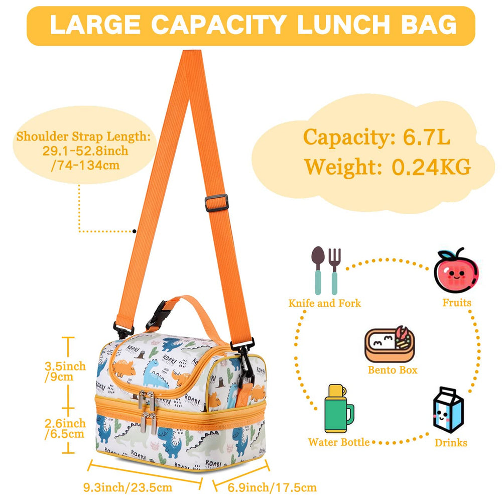 Lunch Box Bag Kids, Insulated Two Compartments Cooler Bags for Boys Girls w Shoulder Strap for School,Daycare,Kindergarten,Picnic Dinosaurs Yellow