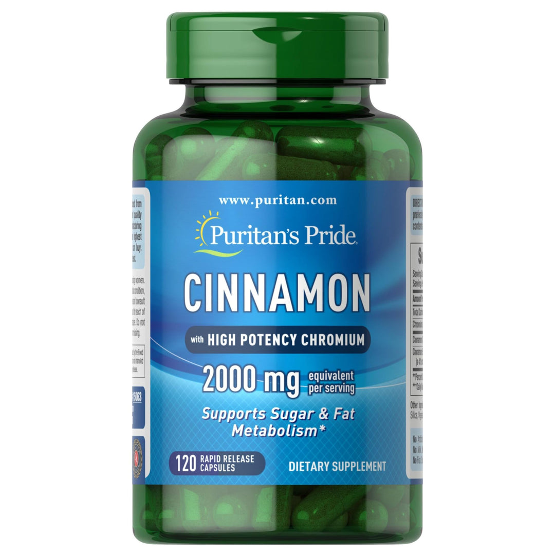 Puritan's Pride Cinnamon 875 mg (2000 mg Equivalent) with High Potency Chromium, Supports Sugar, Fat, & Healthy Nutrient Metabolism, Cellular Energy, Digestive Health, 120 Rapid Release Capsules