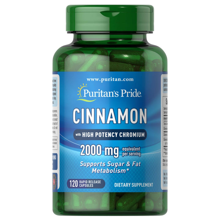 Puritan's Pride Cinnamon 875 mg (2000 mg Equivalent) with High Potency Chromium, Supports Sugar, Fat, & Healthy Nutrient Metabolism, Cellular Energy, Digestive Health, 120 Rapid Release Capsules