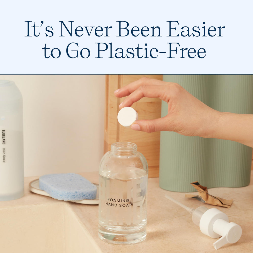 Hand Soap Starter Set - 1 Refillable Glass Foaming Hand Soap Dispenser + 4 Tablets Refills | Iris Agave Scent | Eco Friendly Hand Soap | Makes 4 x 9 Fl oz bottles (36 Fl oz total)