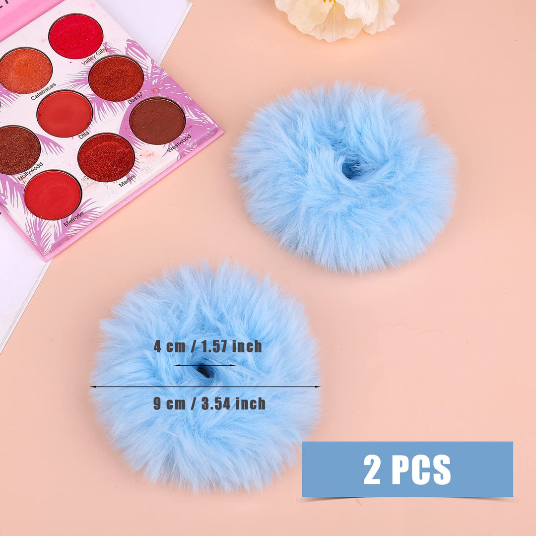 2Pcs Faux Fur Hair Scrunchies, Furry Hair Pom Poms Elastic Hair Ties for Girls (Blue)