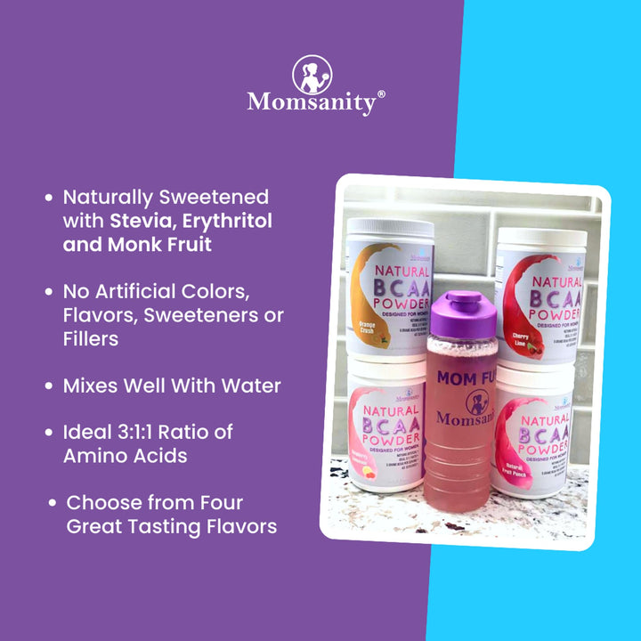 Momsanity BCAA Powder Preworkout for Women - Naturally Sweetened with Stevia, Erythritol, & Monk Fruit + Delicious Recipe Guide PDF | 3:1:1 Ratio of Amino Acids | 40 Servings (Fruit Punch)