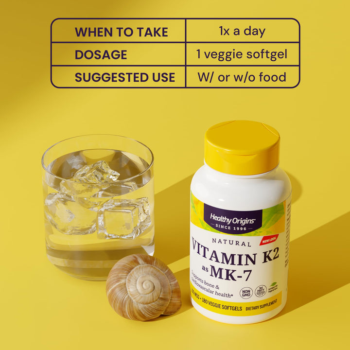 Healthy Origins Vitamin K2 100 mcg (MK-7, Non-GMO, Gluten Free, Cardiovascaular Support, Bone Support), 60 Veggie Gels