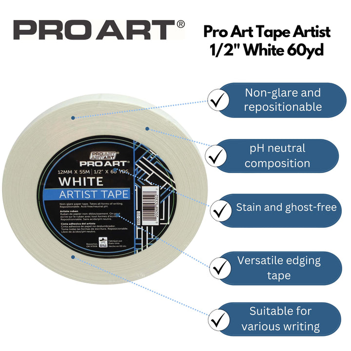 Pro Art Artist Tape, 1/2-Inch by 60-Yard, White, 1/2-inch x 60-Yard Roll