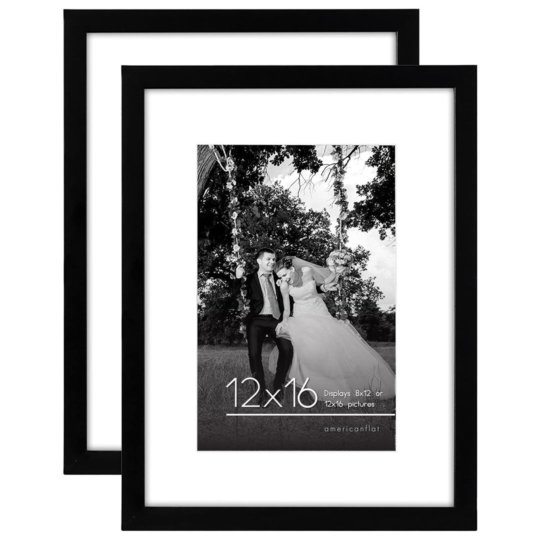 12x16 Picture Frame with Shatter-Resistant Glass - Set of 2 - Use as 8x12 Frame with Mat or 12x16 Frame Without Mat - Signature Collection - Picture Frame Set for Wall Display - Black