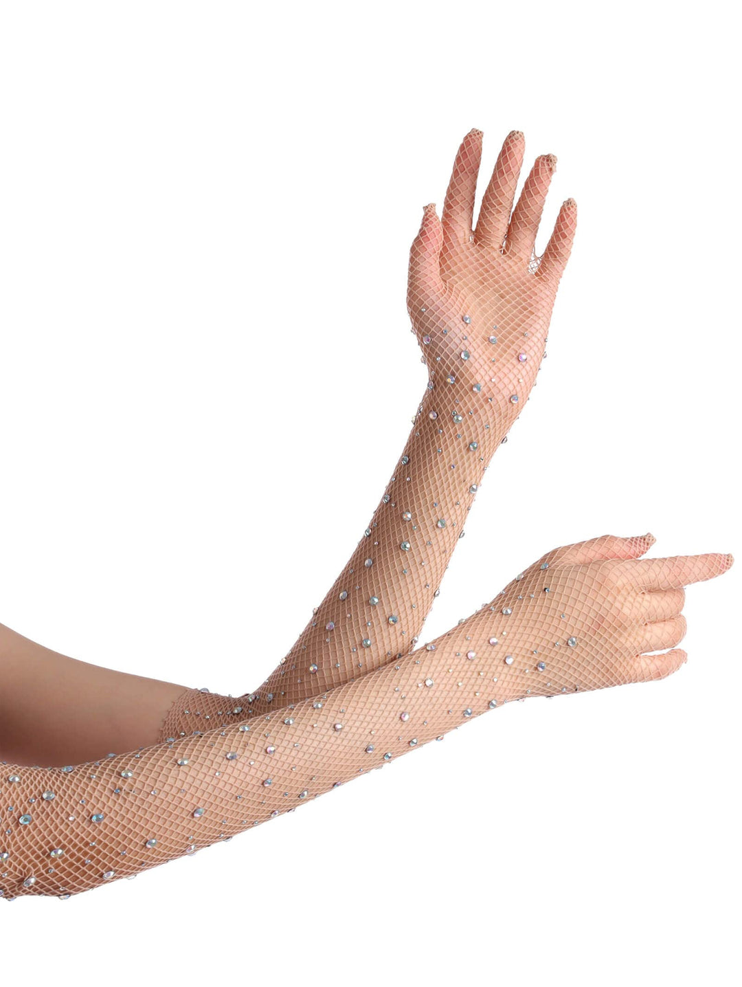 Women Rhinestone Fishnet Long Gloves Mesh Sparkly Glitter Fashion Opera Gloves For Party Halloween Costumes Accessories Nude