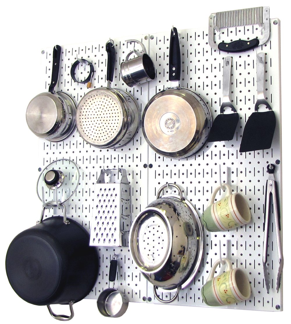 Kitchen Pegboard Organizer Pots and Pans Pegboard Pack Storage and Organization Kit with White Pegboard and White Accessories