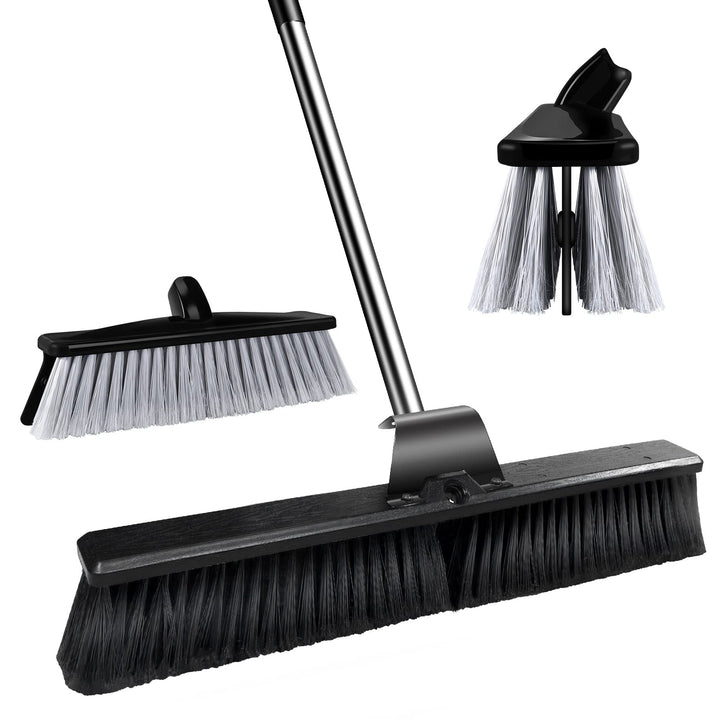 24 Large Push Broom,Outdoor Brooms with 57.6 in Stainless Steel Long Handle for Yard Floor Cleaning,Multi-Surface Stiff Bristles Garage Heavy Duty Broom,Extra 12 Indoor/Outdoor Broom Head