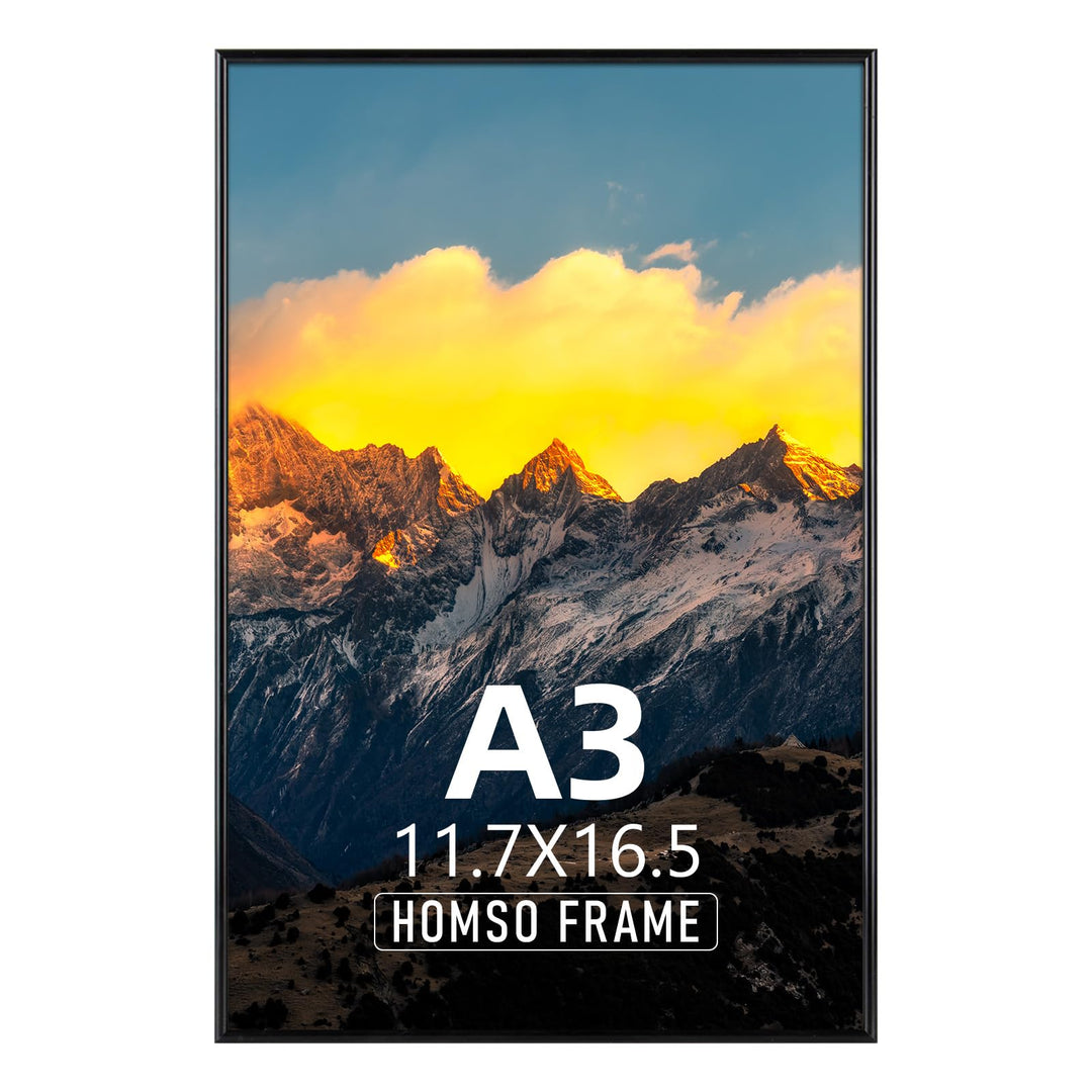 A3 Picture Poster Frame, Display Pictures 11.7x16.5 Without Mat, Thin Border Metal with Plexiglass for Horizontal and Vertical, Black