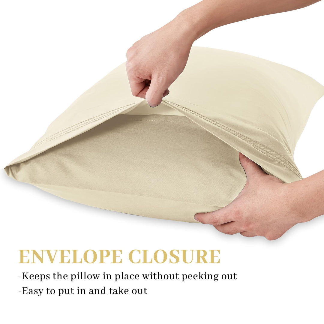 Pillow Cases Queen Size Set of 4, Ultra Soft 1800TC Hotel Quality Double Brushed Microfiber Embroidered Pillowcases, Envelope Closure, Fade Resistant (20x30, Cream)