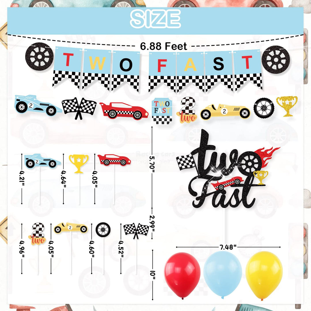 Race Car Two Fast Party Decorations Supplies Racing Theme 2nd Birthday Party Banner Race Car Second Birthday Cake Topper Checkered Flags Balloons for Let&#39;s go Racing Theme Sports Event Party Supplies