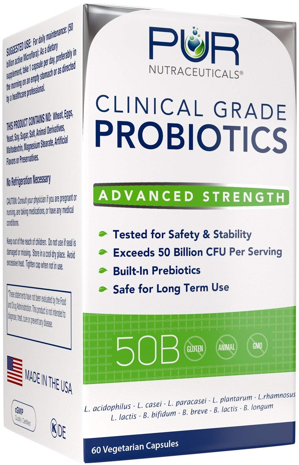 Clinical Grade Probiotics * 50 Billion CFUs/Serving * 10 Strains * Built-in Prebiotic * 60 Daily Capsules - 2 Month Supply * All Natural 100% Made in USA