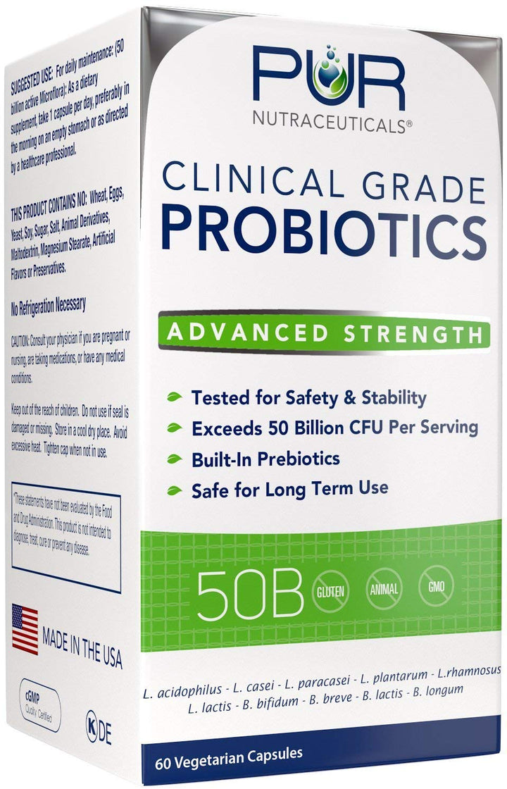 Clinical Grade Probiotics * 50 Billion CFUs/Serving * 10 Strains * Built-in Prebiotic * 60 Daily Capsules - 2 Month Supply * All Natural 100% Made in USA