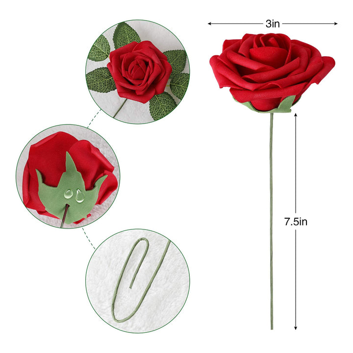 Artificial Flower Dark Red Rose 25pcs Real Looking Fake Roses w/Stem for DIY Wedding Bouquets Centerpieces Arrangements Party Baby Shower Home Decorations