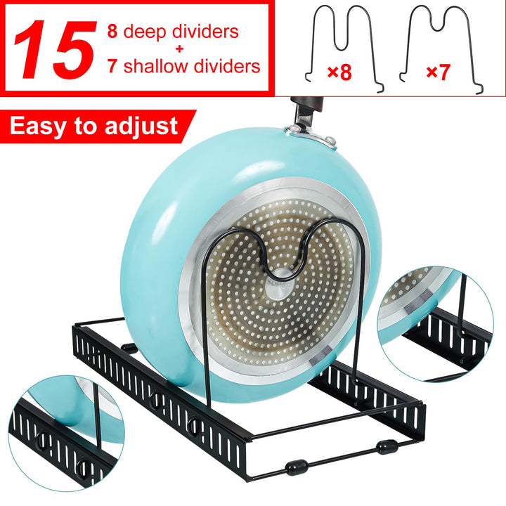 15 Adjustable Dividers Pot and Pan Organizer Rack, 7D x 32W x 7.1H, 3 in 1, Expandable Lid Bakeware Cupboard Rack Holder for Kitchen Cabinet Pantry Countertop, Black (Patent Pending)