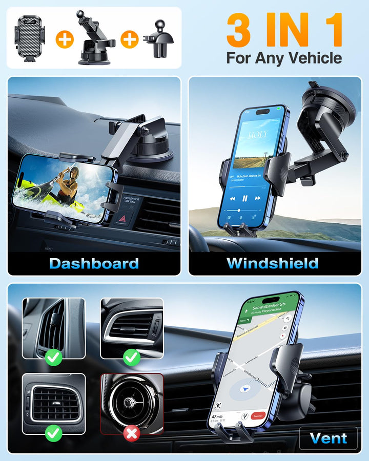 [Pro Version] Universal Car Phone Mount [2024 Super Suction Cup] Phone Holder for Car, Cell Phone Car Mount for Windshield Dash Vent Truck Stand for iPhone 16 Pro Max 15 14 13 Samsung Android